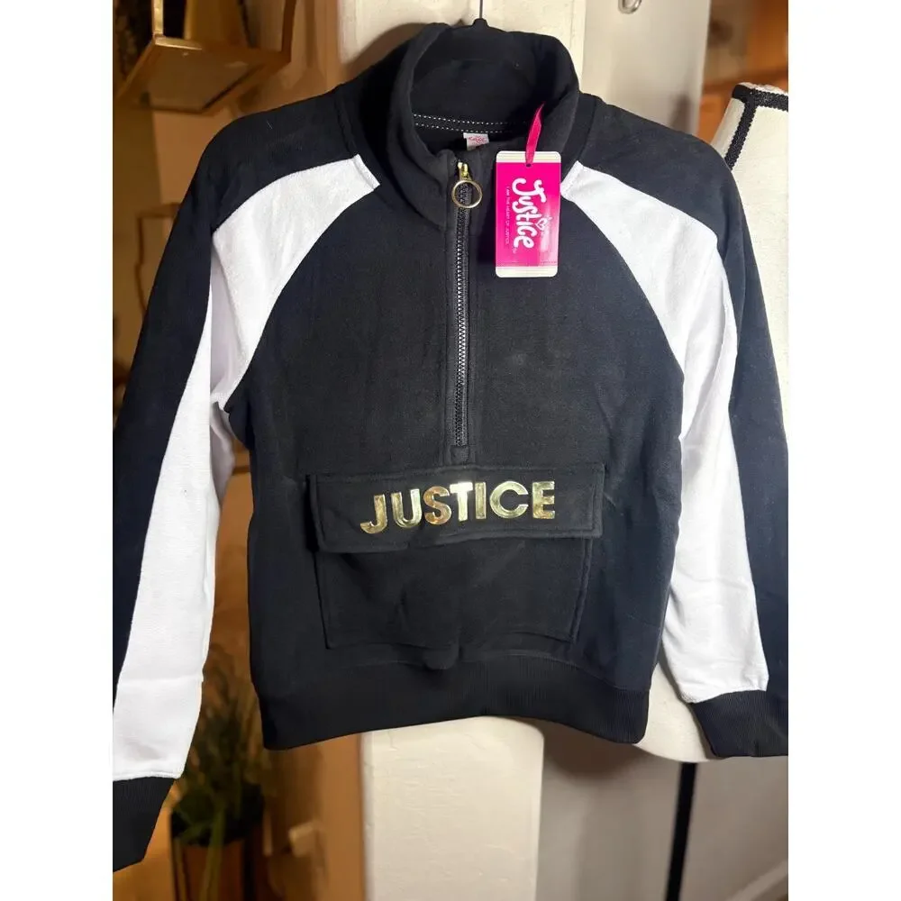 Justice Girl's Blavk/White Half Zip Fleece Hoodie Size L 12/14 NEW